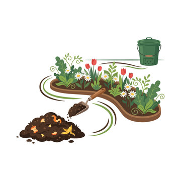 Compost pile with organic food waste and garden shovel near a flower bed with tulips and daisies and a green bin on white background