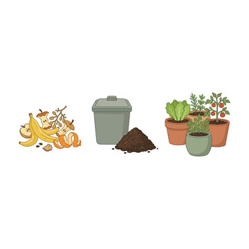 Organic waste composting process showing food scraps pile of soil bin and potted plants for sustainable gardening and eco friendly waste management on white background