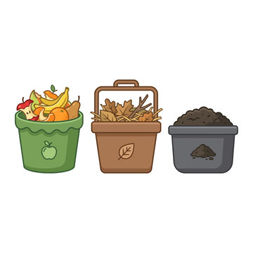 Three containers with food scraps dry autumn leaves and soil for composting isolated on white background in a flat vector illustration style for environmental projects