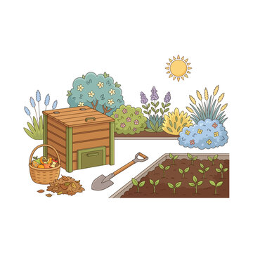 Wooden compost bin with organic waste basket shovel and garden bed with young sprouts in a sunny backyard setting for sustainable agriculture and eco friendly lifestyle