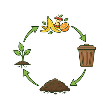 Composting cycle illustration featuring food waste trash bin soil and growing plant showing organic recycling process for sustainable waste management and environmental protection on white background