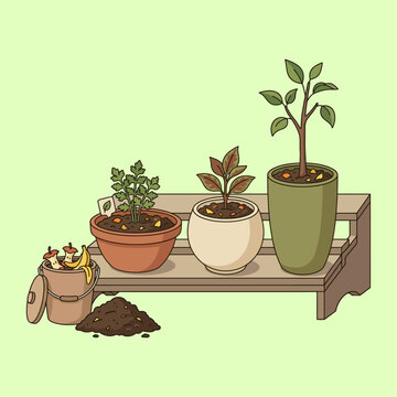 Potted plants and compost bucket with organic food scraps on wooden shelf for sustainable gardening and home composting illustration on a light green background