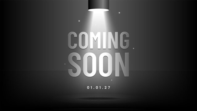 Coming soon announcement under spotlight with dark minimal background