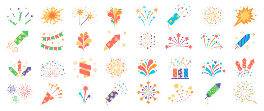 Colorful fireworks icons and festive party elements celebration pack