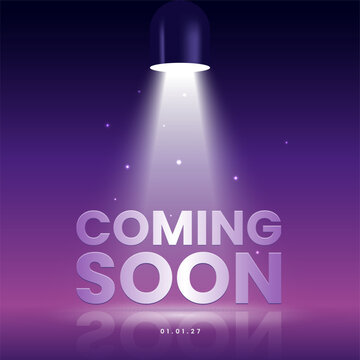 Coming soon announcement with spotlight and purple background