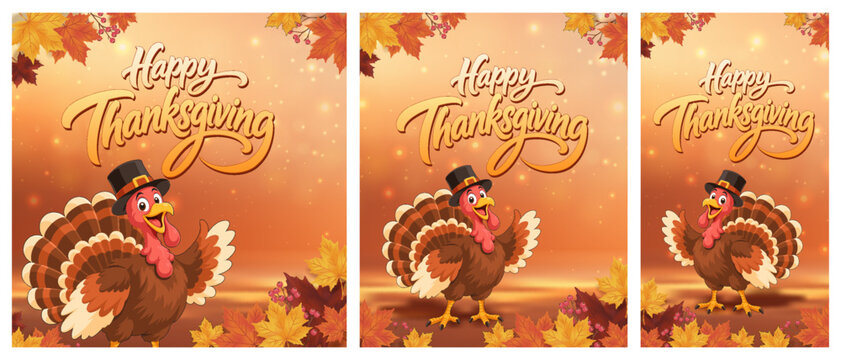 Thanksgiving vector feed bundle featuring a cheerful cartoon turkey, golden greeting lettering, autumn maple leaves and warm orange gradients in three portrait sizes for social media posts, promotions