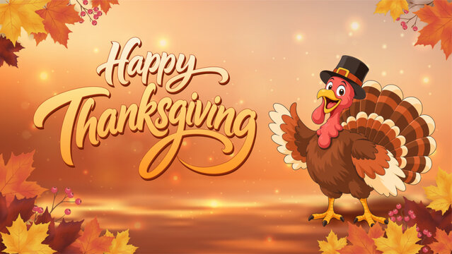 Thanksgiving banner featuring a cheerful cartoon turkey, golden greeting lettering, colorful autumn leaves, red berries and a warm orange gradient background for seasonal promotions, holiday greetings