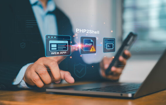 PHP2Shell cybersecurity concept showing a vulnerable PHP file linking a web application to a server command terminal, illustrating potential remote code execution and web shell security threats.