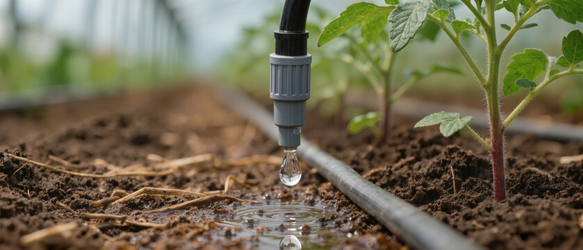 A drip irrigation emitter releases a water drop onto coconut soil near green tomato plants.