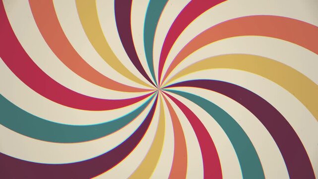 Colorful retro rotating sunburst video featuring teal red and orange rays. this starburst animation loop creates amazing vintage aesthetic background.