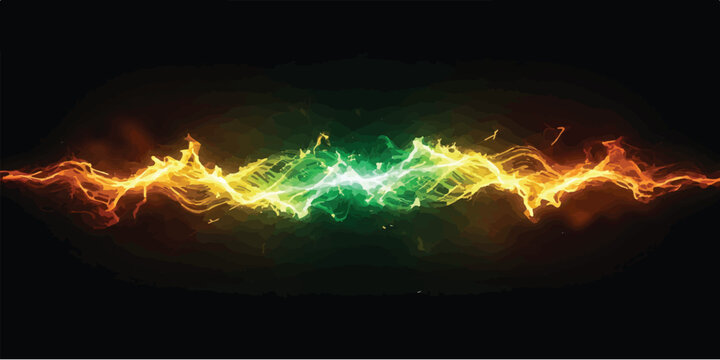 Abstract electrical plasma discharge with glowing green and gold energy waves wave high voltage electricity lightning particle background conceptual intensity technology