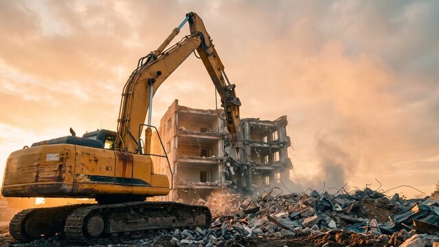 Heavy excavator machinery performing a building demolition on a dusty construction site at sunset with debris and ruins.