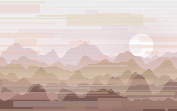 Pastel mountain landscape with glitch effect and pale sun. Soft pink and brown hills with digital distortion. Abstract dreamy wallpaper. Modern backdrop for travel design.