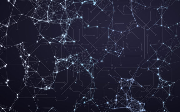 White plexus network on dark purple background with circuit lines. Connected dots and glowing nodes. Abstract digital technology wallpaper. Modern backdrop for data science.
