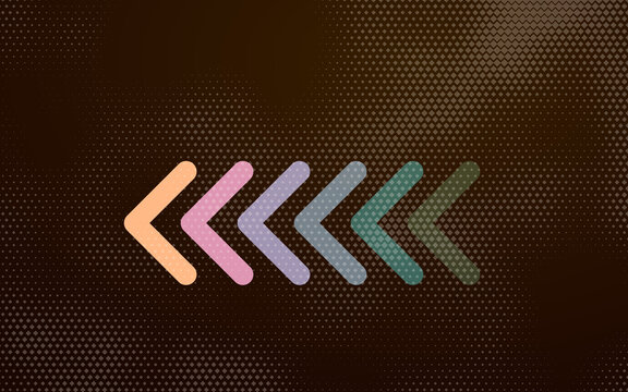 Colorful chevron arrows on brown halftone background. Retro direction sign with dotted texture. Abstract forward motion wallpaper. Modern backdrop for progress concept.