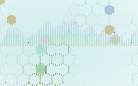 Mint hexagon pattern with soft sound wave equalizer bars. Light honeycomb technology background. Abstract science and audio wallpaper. Clean backdrop for medical design.