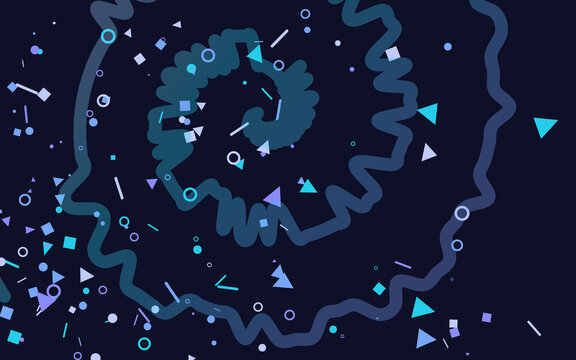 Dark navy background with blue spiral swirl and geometric confetti. Playful triangles circles and particles. Abstract party wallpaper. Modern backdrop for celebration banner.