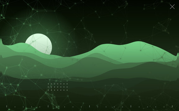Green mountain landscape with glowing moon and plexus network. Dark night hills with connected dots. Abstract nature technology wallpaper. Modern backdrop for eco tech design.