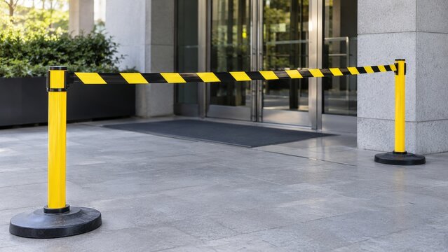 Black and yellow caution tape between posts outside a modern building entrance