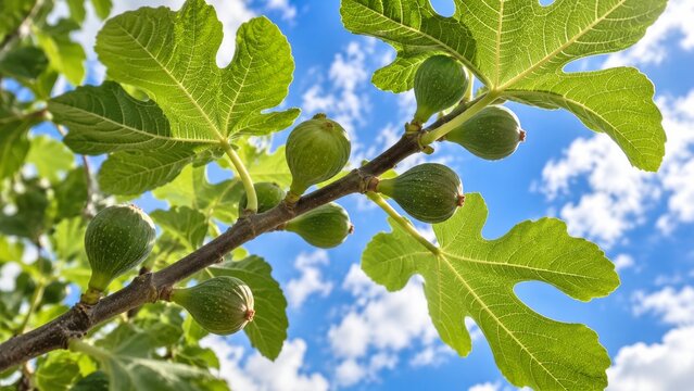 Young green figs beneath lobed leaves against a blue sky with clouds