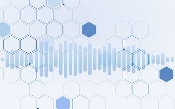 Blue hexagon technology background with sound wave equalizer. Light honeycomb grid with digital audio bars. Clean abstract science wallpaper. Modern backdrop for business tech.