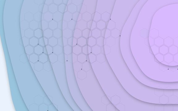 Pastel paper cut layers with hexagon technology pattern. Soft blue and lavender wavy shapes background. Modern abstract papercut wallpaper. Gentle backdrop for clean design.