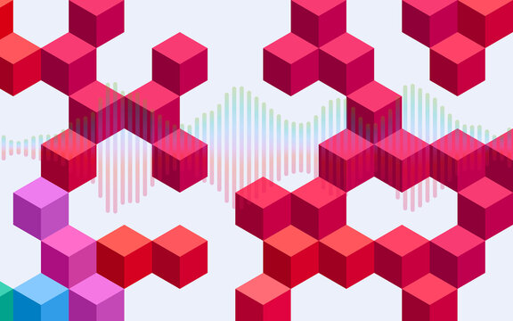 Isometric red cube pattern with pastel sound wave equalizer. Bold three dimensional block geometric background. Modern abstract music wallpaper. Creative backdrop for audio design.