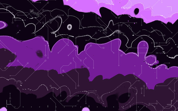 Purple liquid marble background with dark circuit lines. Fluid abstract paint texture with technology pattern. Modern violet wallpaper. Creative backdrop for gaming and tech design.