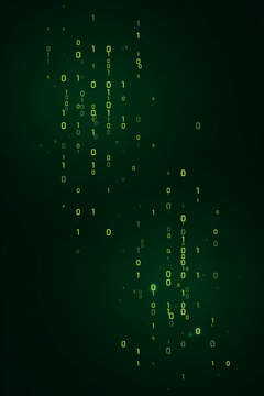 Vertical falling binary code stream in glowing green on dark background