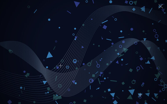 Dark blue abstract background with flowing wave lines and geometric confetti. Elegant navy technology wallpaper with particles. Modern digital design. Futuristic banner backdrop.