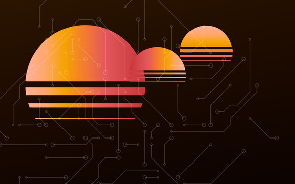 Retro striped sunset with circuit board lines on dark background. Vintage synthwave sun design with technology pattern. Abstract eighties art. Futuristic tech poster backdrop.
