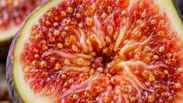 Freshly cut fig showing dense orange red seeds and pale branching fibers