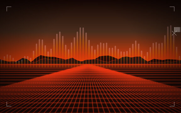 Retro synthwave neon grid landscape with red sound wave equalizer. Futuristic eighties cyber horizon. Dark digital music background. Vaporwave design for party poster.
