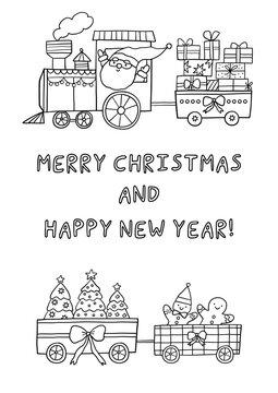 Merry Christmas and Happy Holidays coloring page. Cute cartoon Christmas in doodle style. Printable Christmas coloring book