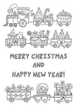 Merry Christmas and Happy Holidays coloring page. Cute cartoon Christmas in doodle style. Printable Christmas coloring book
