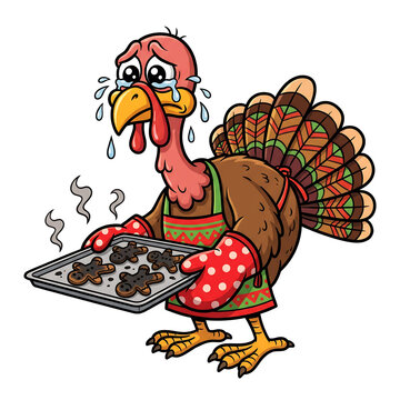 Cartoon crying turkey wearing an apron and oven mitts holding a tray of burnt gingerbread cookies