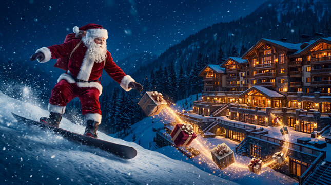 Santa Claus snowboarding down a snowy mountain slope at night, throwing wrapped gift boxes towards a luxury alpine resort, magical glowing trail of presents.