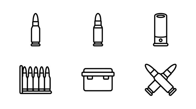 Ammunition line icons with bullets, shotgun shell, ammo box and crossed cartridges for military or hunting app and web