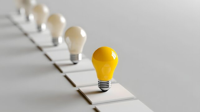 A row of light bulbs in a diagonal line  with one yellow bulb standing out among the white ones on a clean surface
