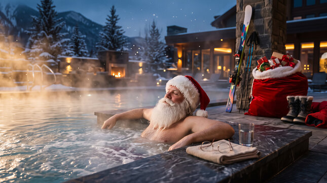 Santa Claus relaxing in a steaming outdoor hot tub at night, snowy mountains and luxury resort in background. Winter holiday, relaxation, winter vacation.