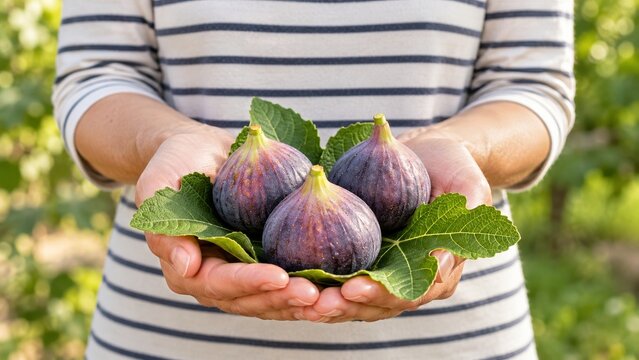 Person in a striped shirt presenting three purple figs on green leaves
