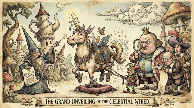 Surreal fantasy showcasing vintage satirical cartoon style artwork featuring whimsical characters and humorous narrative elements surreal fantasy cartoon comic satire caricature magic horse