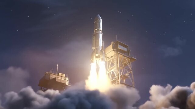 Rocket stands amid thick smoke on a launch pad beneath a starry night sky