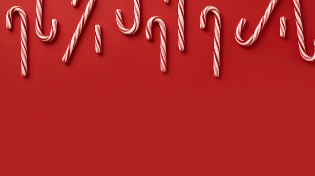 Candy canes arranged in a row on a vibrant red background for Christmas holiday celebration with copy space for seasonal greeting cards and festive winter marketing materials flat lay view