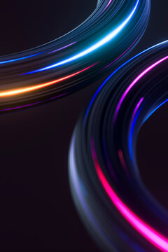 Dynamic 3D illuminated wave ribbons with orange and cyan highlights against a dark backdrop