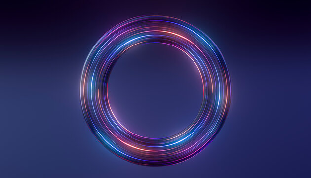 Circular 3D neon light ring with delicate blue and purple glowing strands on dark background
