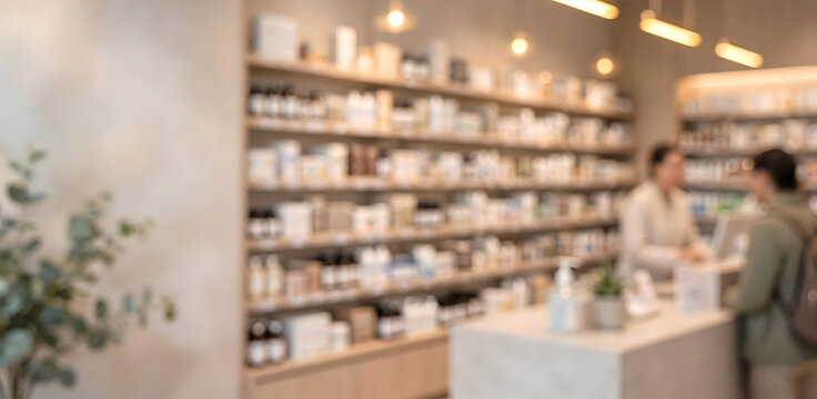 Blurred view of well-organized pharmacy interior, rows of shelves filled with diverse health products, medications and personal care items.