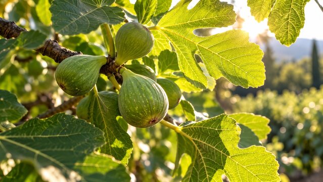Green figs among backlit lobed leaves with delicate glowing yellow veins