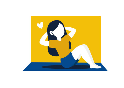 Woman performing abdominal crunch exercise on yoga mat, flat vector home fitness illustration