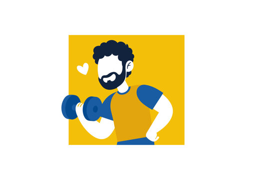 Smiling bearded man lifting blue dumbbell during strength training, flat vector fitness illustration